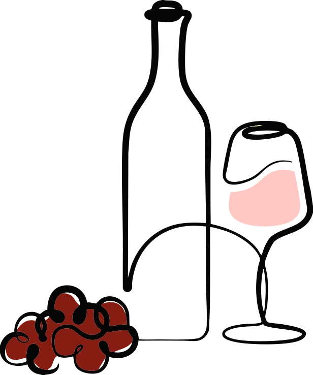 Illustratie van een glas gevuld met rose wijn, met een fles en druiven
